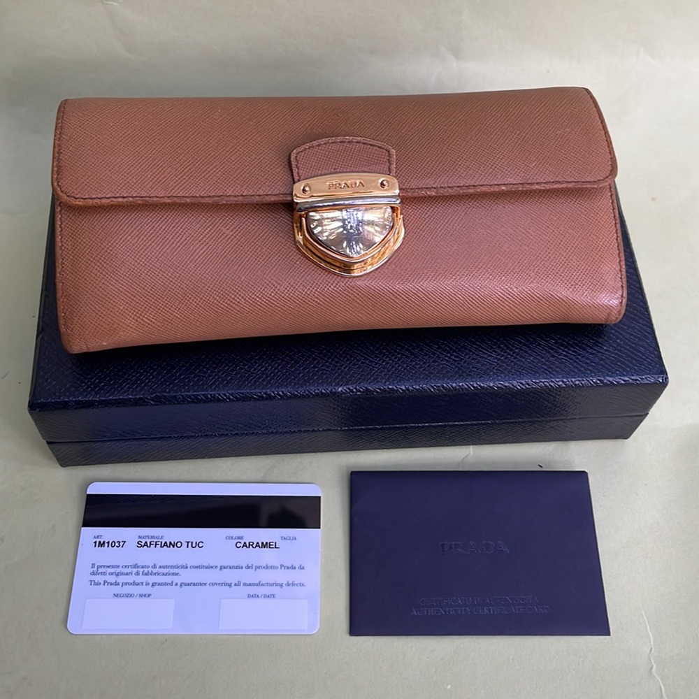 Caramel/gold Prada leather wallet in original box
